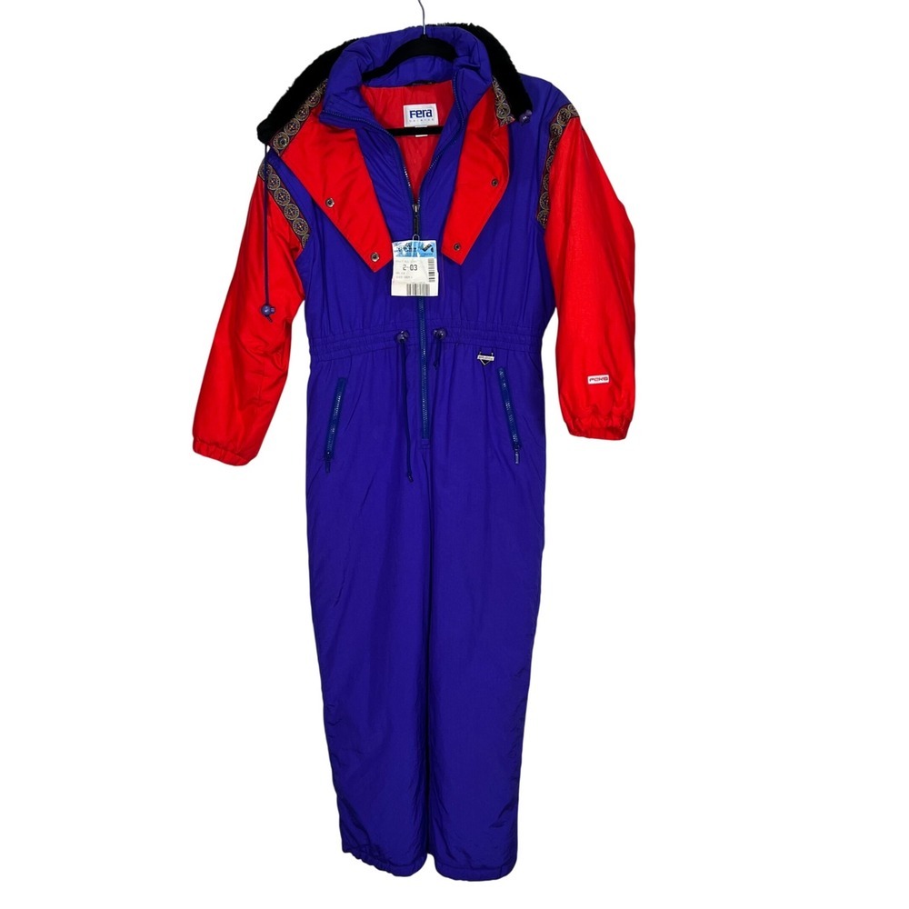 Vintage Fera Skiwear Ski Suit Junior 14 One Piece Snowsuit Retro Red Purple